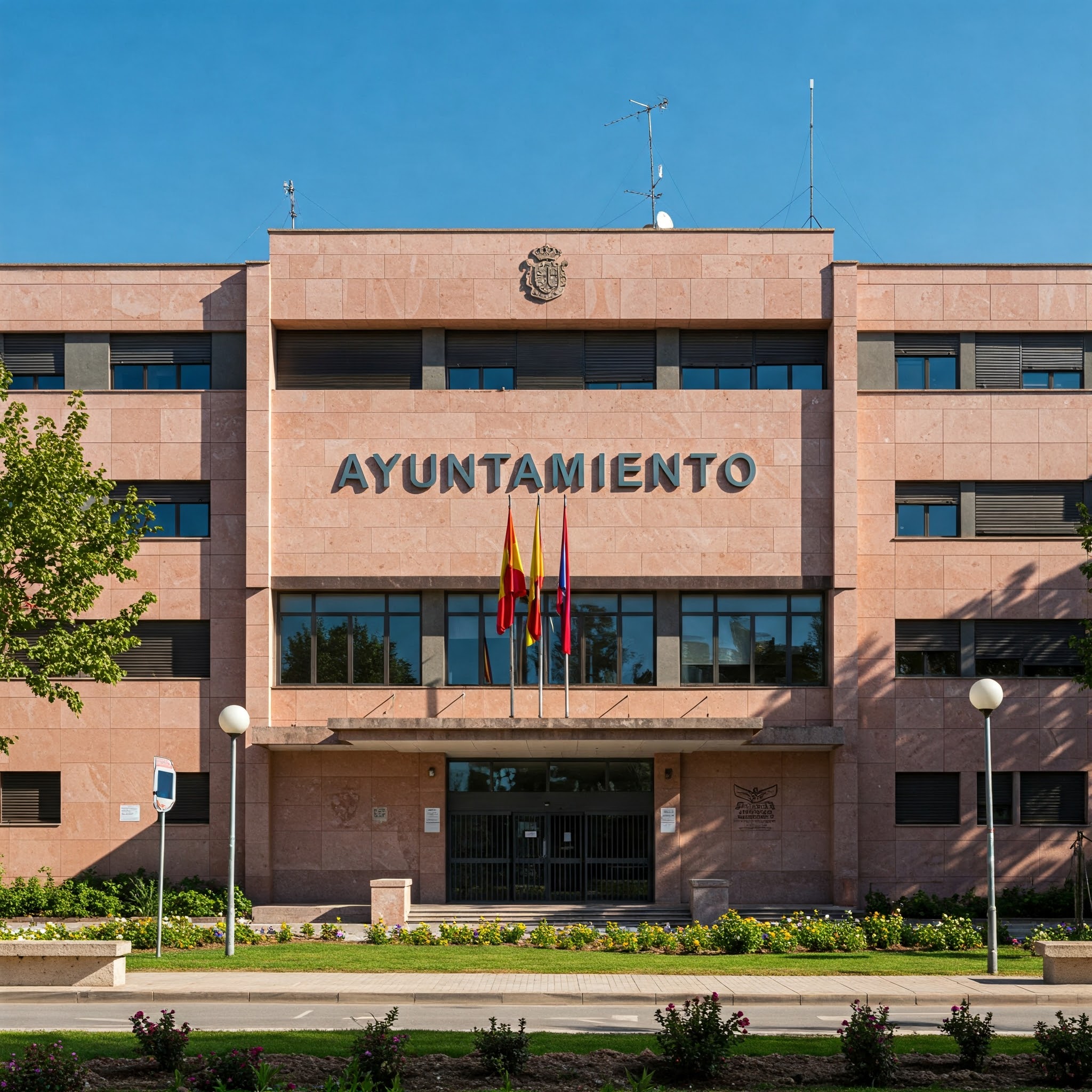 Foto de fachada de edificio color marrón con las letras Ayuntamiento